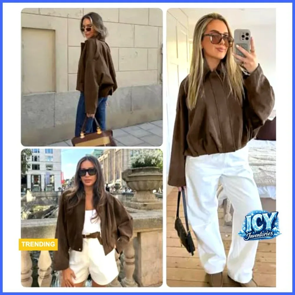Faux Suede Bomber Jacket Cropped Oversized Lapel Pilot Coat Casual Outerwear - Picture 5 of 7